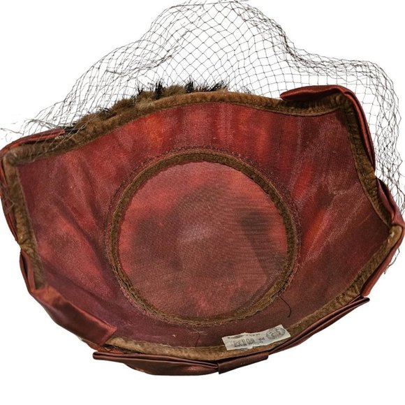 1950s Small Hat Brown Fur Fabric Bow Netting Rust Orange Organza Housewife - Picture 4 of 11